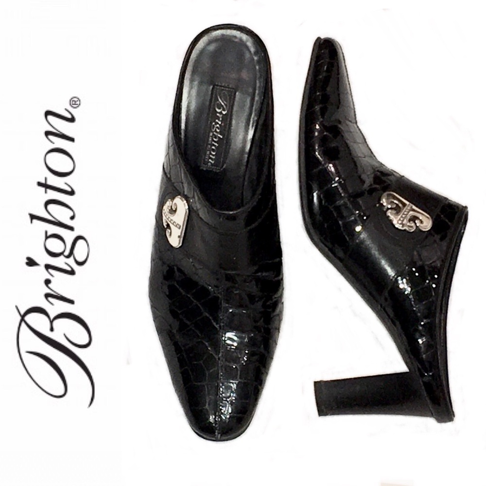 BRIGHTON black croc Runway mules